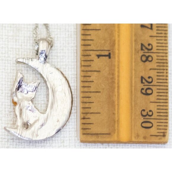 20 inch, Vintage Crescent Moon Cat Rhinestones Silver Tone Necklace - P1 - Picture 3 of 3